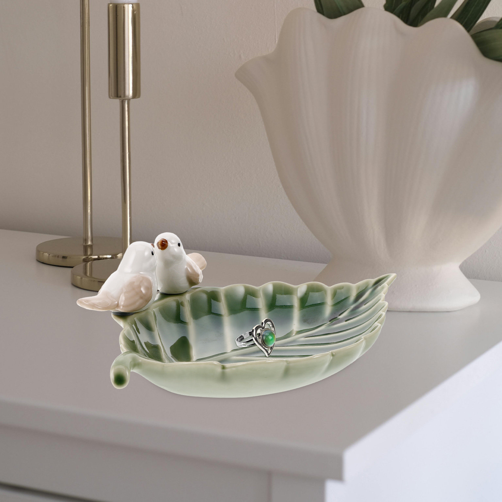 Cute Ceramic Bird on Leaf Trin - Ceramic Trinket Dish 评论和价格